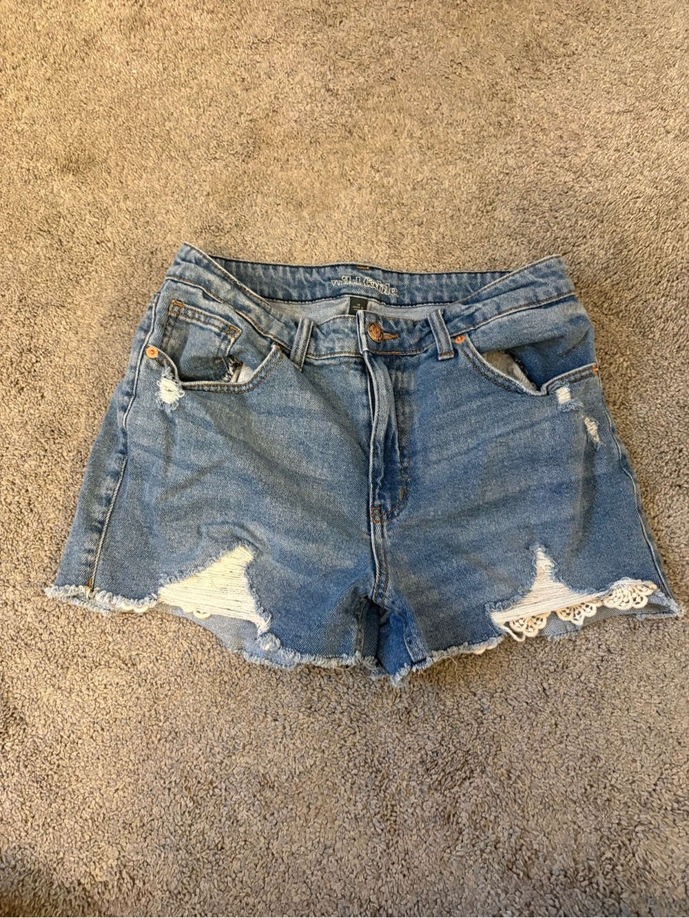 wild fable Light Blue Distressed Cotton Blend Denim  Shorts with Lace Insets
